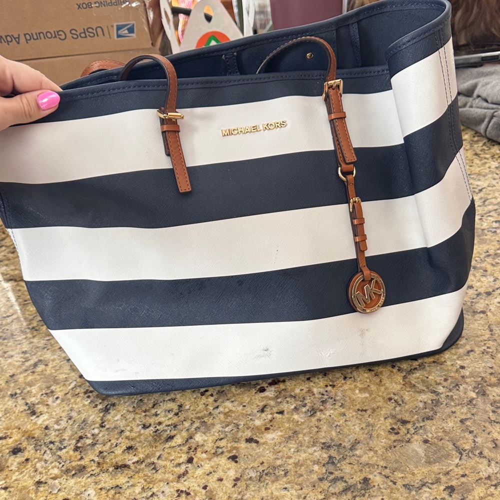 Michael Kors Blue and White Striped Tote